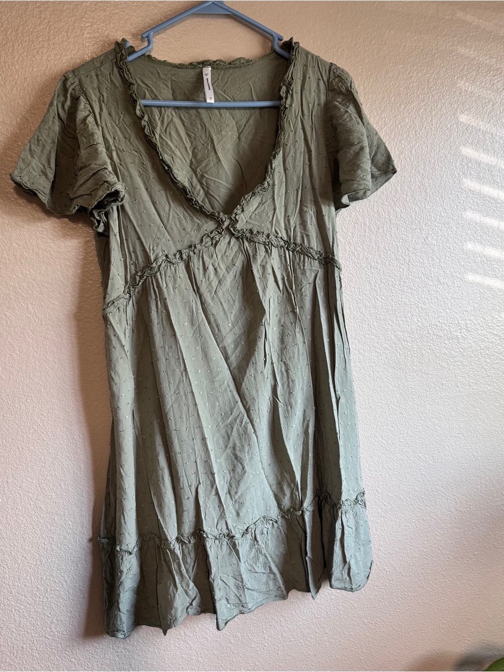 Bench Olive Green Mini Dress with V-Neck and Ruffle Trim